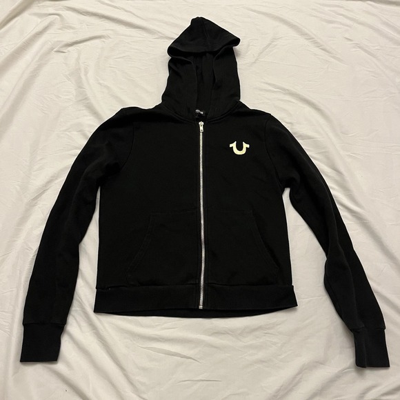 TRUE RELIGION Black Hoodie Women S Gold Zip/Logo, Purple Logo On Back - Picture 1 of 10